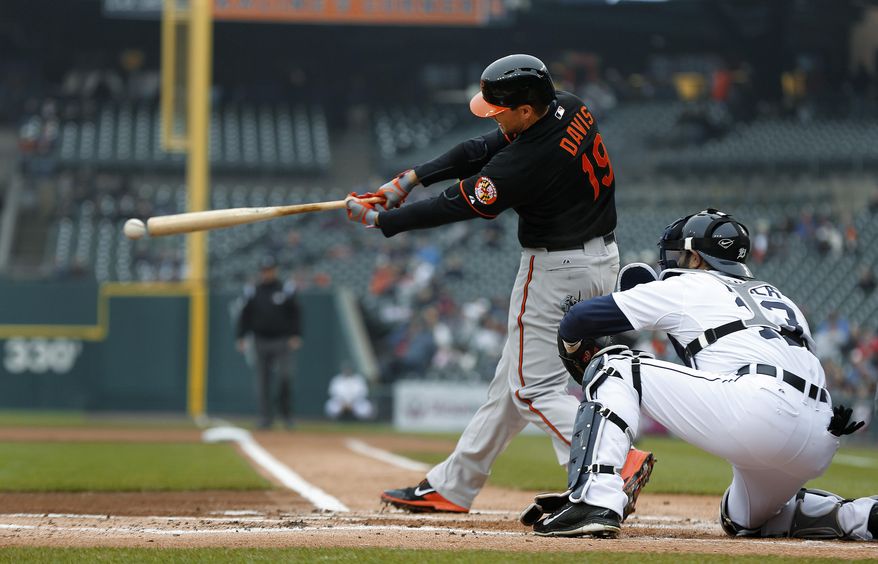 Baltimore Orioles&#39; Chris Davis hits a two-run double against Detroit Tigers pitcher Anibal Sanchez in the first inning of a baseball game in Detroit Friday, April 4, 2014. (AP Photo/Paul Sancya)