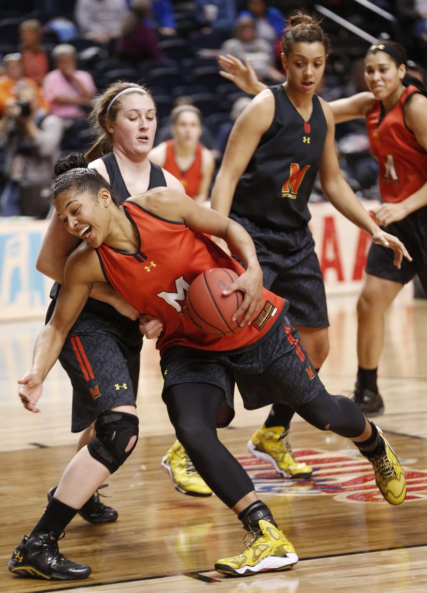 Maryland's Alyssa Thomas drives against Tierney Pfirman during practice before the women's Final Four of the NCAA college basketball tournament, Saturday, April 5, 2014, in Nashville, Tenn. Maryland plays Notre Dame Sunday. (AP Photo/John Bazemore)