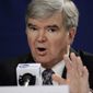 NCAA President Mark Emmert answers a question at a news conference Sunday, April 6, 2014, in Arlington, Texas. (AP Photo/David J. Phillip)