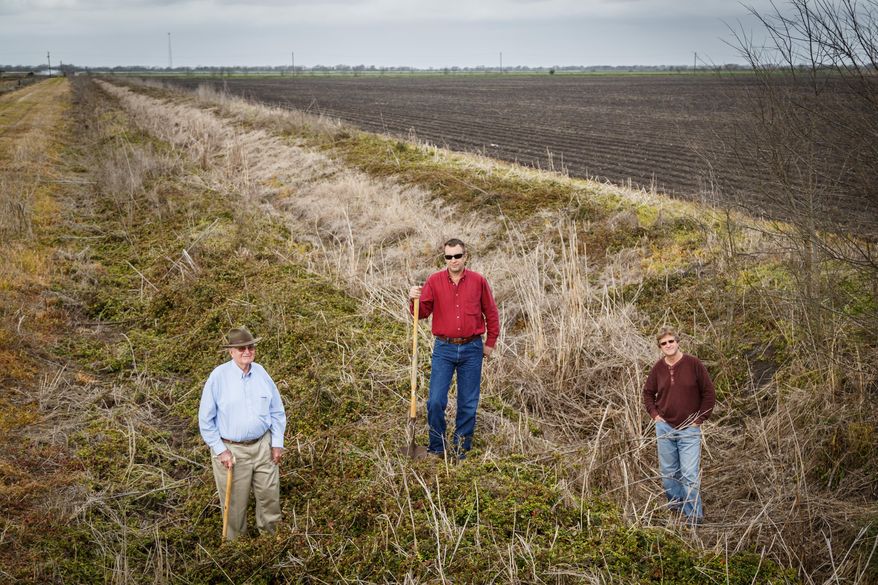 Harley Savage, left to right, and his sons Kirby and Stewart stand in a dry irrigation canal that once provided water to irrigate their rice fields, Wednesday, March 19, 2014, in Bay City. The Savages and other farmers are being forced to downsize their farming operation and change crops due to a lack of irrigation water for the third consecutive year from the Colorado River. (AP Photo/Houston Chronicle, Michael Paulsen)