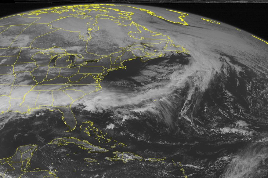 This NOAA satellite image taken Sunday, April 6, 2014, at 01:45 PM EDT shows distinct cloud cover across the Southeast U.S. into the Lower Mississippi Valley with rain and thunderstorms. Clouds are also present into the Middle Mississippi Valley becoming scattered in nature across portions of the western Ohio Valley. (AP PHOTO/WEATHER UNDERGROUND)