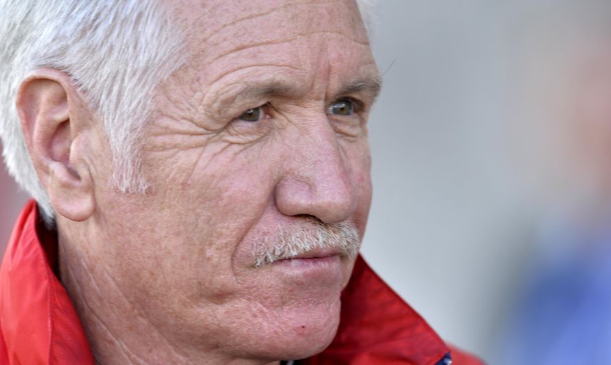 Tom Sermanni, U.S. women's soccer coach, looks on against China during the first half of an international friendly soccer match in Commerce City, Colo., on Sunday, April 6, 2014. U.S. Soccer fired Sermanni on Sunday, following a disappointing seventh-place finish last month at the Algarve Cup. The surprising move came just 16 months after he took over the program. (AP Photo/Jack Dempsey)