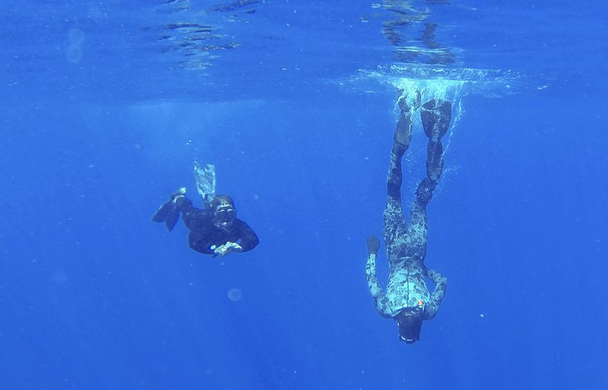 In this April 7, 2014 photo provided by the Australian Defense Force Able Seaman Clearance Divers Matthew Johnston, right, and Michael Arnold, from the Australian Defense Vessel Ocean Shield, scan the water for debris from the missing Malaysia Airlines Flight 370 in the southern Indian Ocean. Up to 14 planes and as many ships were focusing on a single search area covering 77, 580 square kilometers (29,954 square miles) of ocean, 2,270 kilometers (1,400 miles) northwest of the Australian west coast city of Perth, Australia. (AP Photo/Australian Defense Force, Lt. Ryan Davis) EDITORIAL USE ONLY