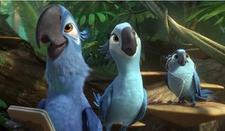 This image released by 20th Century Fox shows Blu, voiced by Jesse Eisenberg, from left, Jewel, voiced by Anne Hathaway and Carla, voiced by Rachel Crow, in a scene from the animated film &amp;quot;Rio 2.&amp;quot; (AP Photo/20th Century Fox- Blue Sky Studios)