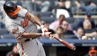Baltimore Orioles Delmon Young connects for a fourth-inning RBI single off New York Yankees starting pitcher Ivan Nova in a baseball game against the New York Yankees at Yankee Stadium in New York, Tuesday, April 8, 2014.  (AP Photo/Kathy Willens)