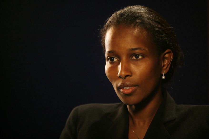In this Monday, Feb. 5, 2007 photo, Ayaan Hirsi Ali, writer of the film "Submission," which criticized the treatment of women in traditional Islam and led to the murder of Dutch film director Theo Van Gogh, talks to a reporter in New York. Brandeis University in Massachusetts is taking heat from some of its own about plans to give an honorary degree to Ali, who has made comments critical of Islam. (AP Photo/Shiho Fukada)