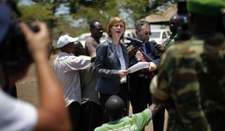 U.S. Ambassador to the U.N. Samantha Power addresses Wednesday April 9, 2014  top officials from the African peacekeeping mission known as MISCA, in Bangui, Central African Republic. Power urged more support for the existing African and French troops in Central African Republic on the eve of a U.N. vote to create a peacekeeping mission expected to take at least five months to have ready on the ground. (AP Photo/Jerome Delay)