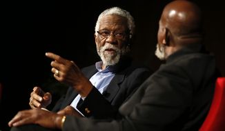 Basketball Hall of Famer Bill Russell, left, speaks to moderator Harry Edwards in the &amp;quot;Sports and Race: Leveling the Playing Field&amp;quot; panel during the Civil Rights Summit on Wednesday, April 9, 2014, in Austin, Texas. Russell discussed using his platform in basketball to raise awareness for civil rights. (AP Photo/Jack Plunkett)