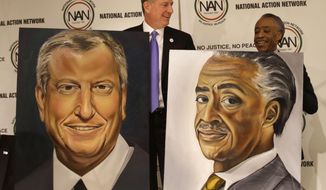 New York City Mayor Bill de Blasio, left, and Rev. Al Sharpton are presented with portraits during the opening ceremonies of the National Action Network convention in New York, Wednesday, April 9, 2014. The 16th annual convention will run through April 12, 2014. (AP Photo/Seth Wenig)