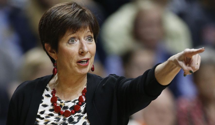 Notre Dame head coach Muffet McGraw speaks to players against Connecticut during the first half of the championship game in the Final Four of the NCAA women&#39;s college basketball tournament, Tuesday, April 8, 2014, in Nashville, Tenn. (AP Photo/Mark Humphrey)