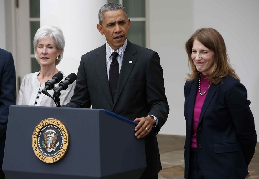 President Barack Obama, flanked by outgoing Health and Human Services Secretary Kathleen Sebelius, left, and his nominee to be her replacement, Budget Director Sylvia Mathews Burwell, speaks in the Rose Garden of the White House in Washington, Friday, April 11, 2014. The moves come just over a week after sign-ups closed for the first year of insurance coverage under the so-called Obamacare law. (AP Photo/Charles Dharapak)