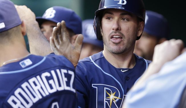 Tampa Bay Rays&#x27; Matt Joyce, right, is congratulated in the dugout after hitting a solo home run off Cincinnati Reds starting pitcher Johnny Cueto in the third inning of a baseball game, Friday, April 11, 2014, in Cincinnati. (AP Photo/Al Behrman)