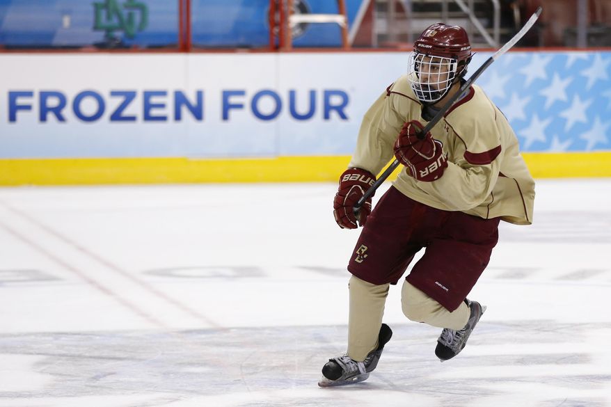 Boston College's Johnny Gaudreau skates down the ice during team practice for the NCAA men's college hockey Frozen Four tournament Wednesday, April 9, 2014, in Philadelphia. Boston faces Union in a semifinal match on Thursday. (AP Photo/Matt Rourke)