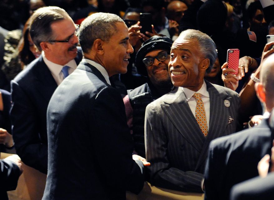 Kira Davis urges black Democrats to question "lockstep" party loyalty. Above: President Obama and Rev. Al Sharpton at the 2014 National Action Network conference in New York. (AP Photo/The Daily News, Julia Xanthos, Pool)
