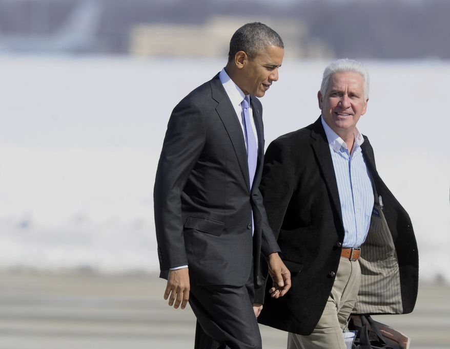 FILE - In this Feb. 14, 2014, file photo President Barack Obama walks with Rep. Jim Costa, D-Calif., towards Air Force One at Andrews Air Force Base, Md. Costa has been voting with the Republican majority in the House to amend or overturn parts of the federal Affordable Care Act. Costa is one of a handful of Democrats in California who represent congressional districts that are closely divided between Democrats and Republicans, after voters approved an independent redistricting process. (AP Photo/Susan Walsh, File)
