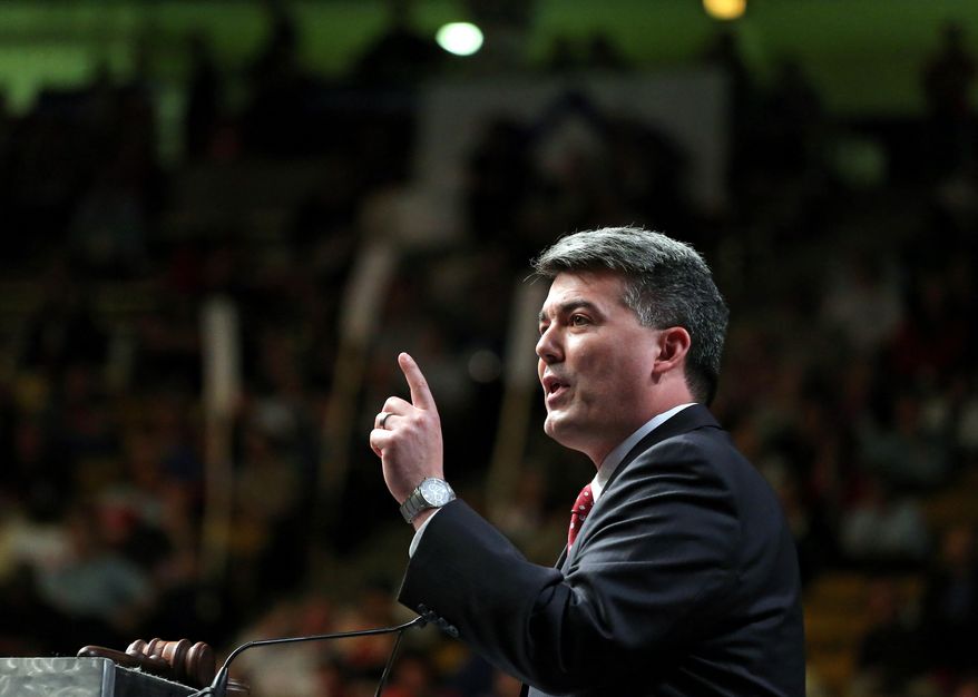 **FILE** Colorado Rep. Cory Gardner delivers a speech to Republican delegates at state GOP Congress in Boulder on April 12, 2014. Gardner is stepping down from his current House seat to challenge Democratic U.S. Sen. Mark Udall in November. (Associated Press)