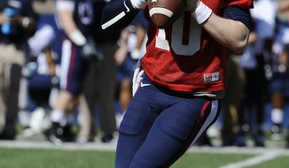 Connecticut quarterback Chandler Whitmer looks down field for a receiver during the first half of UConn&#x27;s Blue-White spring NCAA college football game at Rentschler Field, Saturday, April 12, 2014, in East Hartford, Conn. (AP Photo/Jessica Hill)