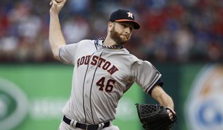 Houston Astros starting pitcher Scott Feldman (46) delivers to the Texas Rangers during the first inning of a baseball game, Friday, April 11, 2014, in Arlington, Texas. (AP Photo/Jim Cowsert