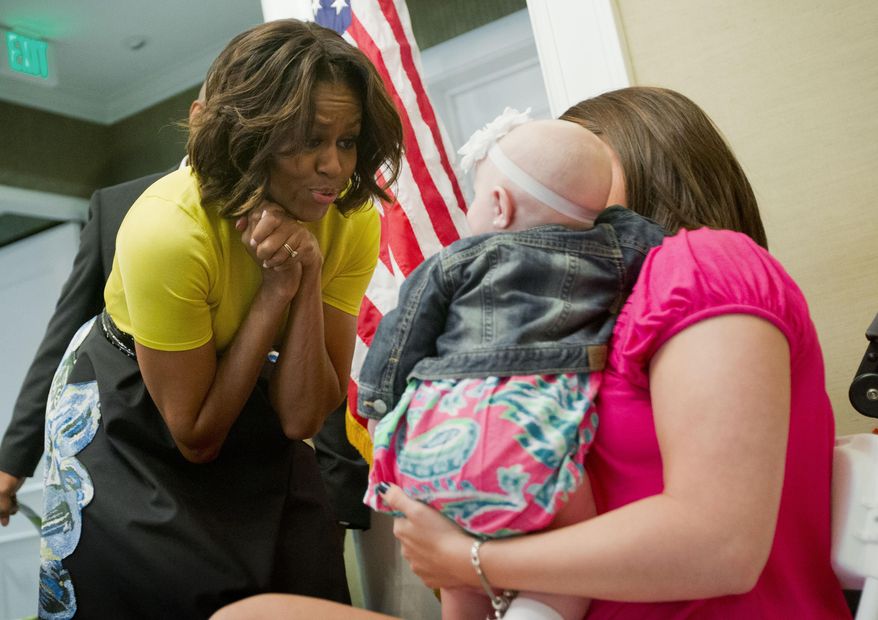 First lady Michelle Obama meets with six-month-old Kyleigh Garmon, and her mother Megan Garmon, from Alabama, during her visit to the Wounded Warriors being cared for at the Fisher House at Walter Reed National Military Medical Center in Bethesda, Md., Monday, April 14, 2014. The first lady is participating in a pre-Easter celebration with military families and their children. The Fisher House provides extend stay housing program for family members while their loved ones receiving specialized medical care at Walter Reed. (AP Photo/Pablo Martinez Monsivais)