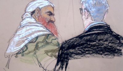 In this pool photo of a Pentagon-approved sketch by court artist Janet Hamlin, defendant Khalid Sheikh Mohammed, left, speaks with lead defense lawyer David Nevin during a pretrial hearing at the Guantanamo Bay U.S. Naval Base in Cuba, Monday, April 14, 2014. A lawyer for one of five defendants in the Sept. 11 war crimes tribunal said Monday that FBI agents questioned a member of his defense team, apparently in an investigation related to the handling of evidence, a revelation that brought an abrupt halt to proceedings. (AP Photo/Janet Hamlin, Pool)