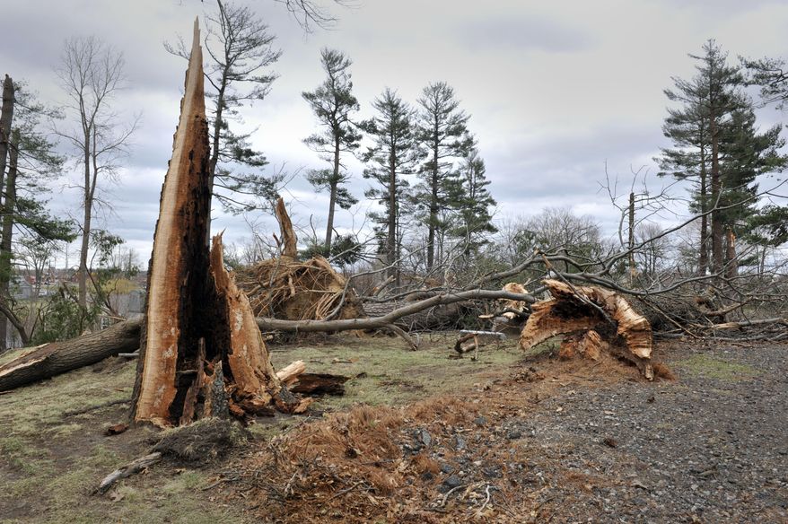 The Evergreen Cemetery is covered by down trees after a storm, Monday, April 14, 2014 in Lake Orion, Mich. A wave of severe thunderstorms has blown across the southern half of Michigan, knocking out power to at least 174,000 homes and businesses and shutting down parts of two interstate highways because of fallen power lines. (AP Photo/Detroit News, Charles V. Tines) DETROIT FREE PRESS OUT; HUFFINGTON POST OUT