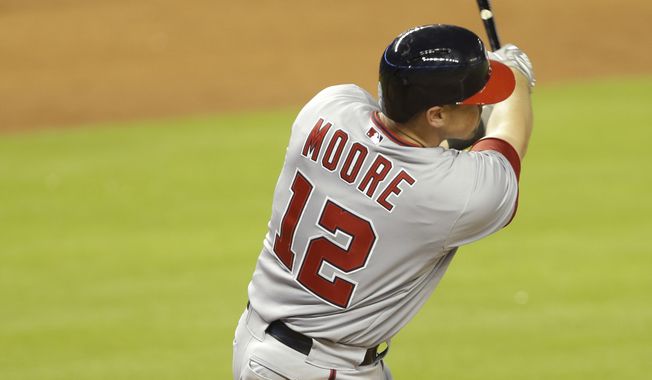 Washington Nationals&#x27; Tyler Moore hits a double during the ninth inning of MLB National League baseball game against the Miami Marlins, Monday, April 14, 2014, in Miami. The Nationals defeated the Marlins 9-2. (AP Photo/Lynne Sladky)