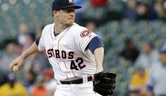 Houston Astros&#x27; Lucas Harrell winds up in the first inning of a baseball game against the Kansas City Royals on Tuesday, April 15, 2014, in Houston. All the players on both teams are wearing jerseys with No. 42 to honor Jackie Robinson. (AP Photo/Pat Sullivan)