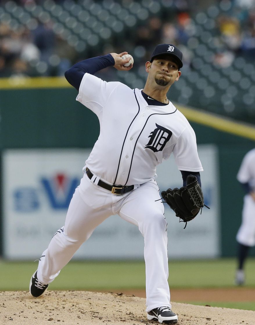 Detroit Tigers starting pitcher Anibal Sanchez throws during the first inning of a baseball game against the Cleveland Indians in Detroit, Wednesday, April 16, 2014. (AP Photo/Carlos Osorio)