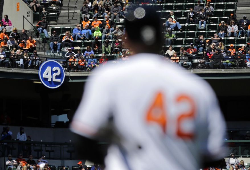 The number &amp;quot;42&amp;quot; in honor of Jackie Robinson is posted on the upper deck of Oriole Park at Camden Yards as Baltimore Orioles&#39; Matt Wieters, wearing Robinson&#39;s number, approaches the batter&#39;s box for an at-bat in the fourth inning of a baseball game against the Tampa Bay Rays, Wednesday, April 16, 2014, in Baltimore. (AP Photo/Patrick Semansky)