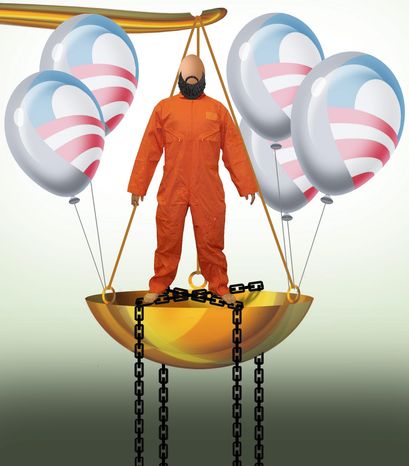 Illustration on Obama interference with Guantanamo tribunals by Alexander Hunter/The Washington Times