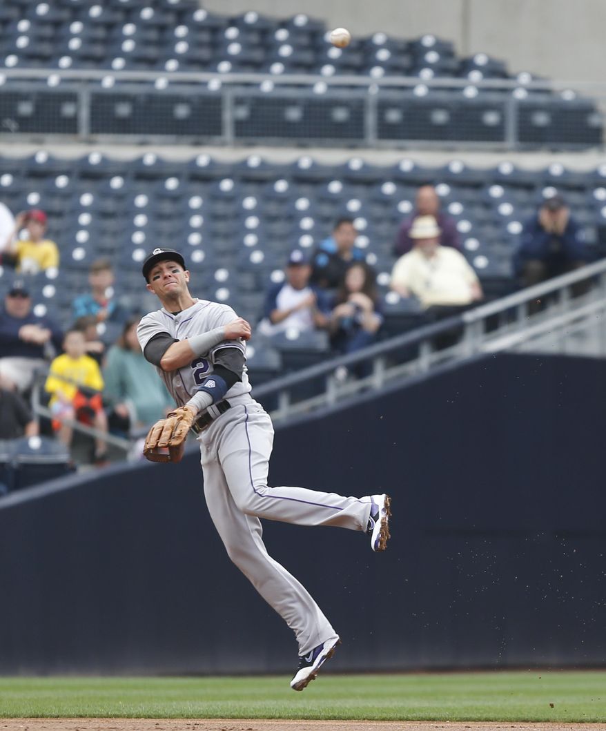 Colorado Rockies shortstop Troy Tulowitzki sends a high throw toward first after fielding a grounder by San Diego Padres' Chris Denorfia deep in the hole during the third inning of a baseball game Thursday, April 17, 2014, in San Diego. Denorfia beat the throw for a hit. (AP Photo/Lenny Ignelzi)