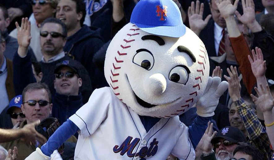 New York Mets mascot Mr. Met reacts with the crowd during the Mets home opener against the Houston Astros at Shea Stadium in New York, in this April 11, 2005, file photo. (AP Photo/Gregory Bull/File)