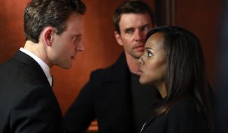 This image released by ABC shows Tony Goldwyn, from left, Scott Foley and Kerry Washington in a scene from &amp;quot;Scandal.&amp;quot;  The popular series ended its third season Thursday, April 18, 2014. (AP Photo/ABC, Ron Tom)