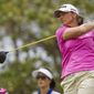 Angela Stanford watches her drive off the second tee in the third round of the LPGA LOTTE Championship golf tournament at Ko Olina Golf Club on Friday, April 18, 2014, in Kapolei, Hawaii. (AP Photo/Eugene Tanner)