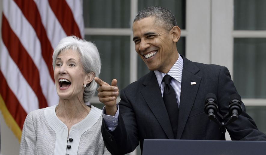 FILE - In this April 11, 2014 file photo President Barack Obama shares a laugh with outgoing Health and Human Services Secretary Kathleen Sebelius in the Rose Garden of the White House in Washington. A spokeswoman said Friday, April 18, 2014, that Sebelius is not considering running for the U.S. Senate. The statement is in line with comments from Sebelius&amp;#8217; fellow Democrats about speculation that she&amp;#8217;d return to Kansas this year to run for the seat held by three-term Republican Sen. Pat Roberts. (AP Photo/Susan Walsh)