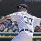 Detroit Tigers starting pitcher Max Scherzer throws during the first inning of a baseball game against the Los Angeles Angels in Detroit, Saturday, April 19, 2014. (AP Photo/Carlos Osorio)
