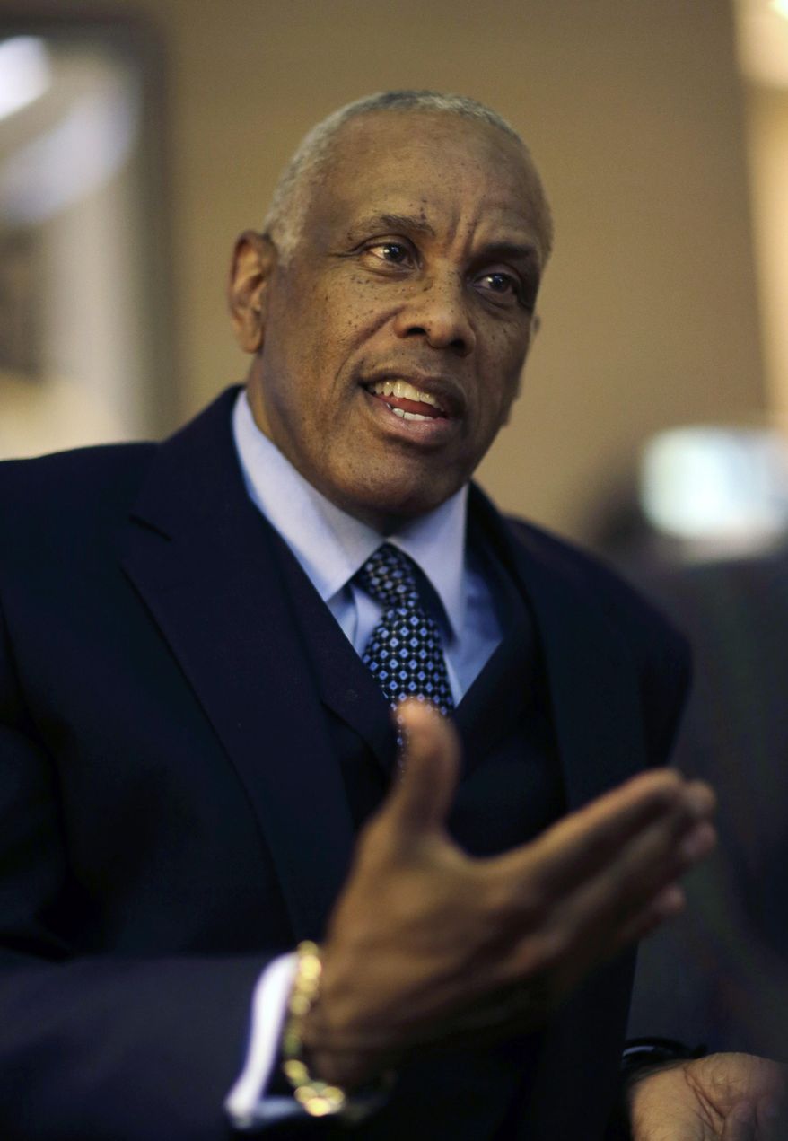 In this April 15, 2014 photo, Logan Township Mayor Frank Minor answers a question in Logan Township, N.J. Minor is a Congressional candidate for New Jersey’s 1st District seat held since 1990 by Rob Andrews, who announced on Feb. 4, that he was resigning to take a job with a law firm. In the June 3, Democratic primary, Minor will face state Sen. Donald Norcross and Frank Broomell Jr., a 27-year-old former Marine who is now working on his master’s degree at Harvard. (AP Photo/Mel Evans)