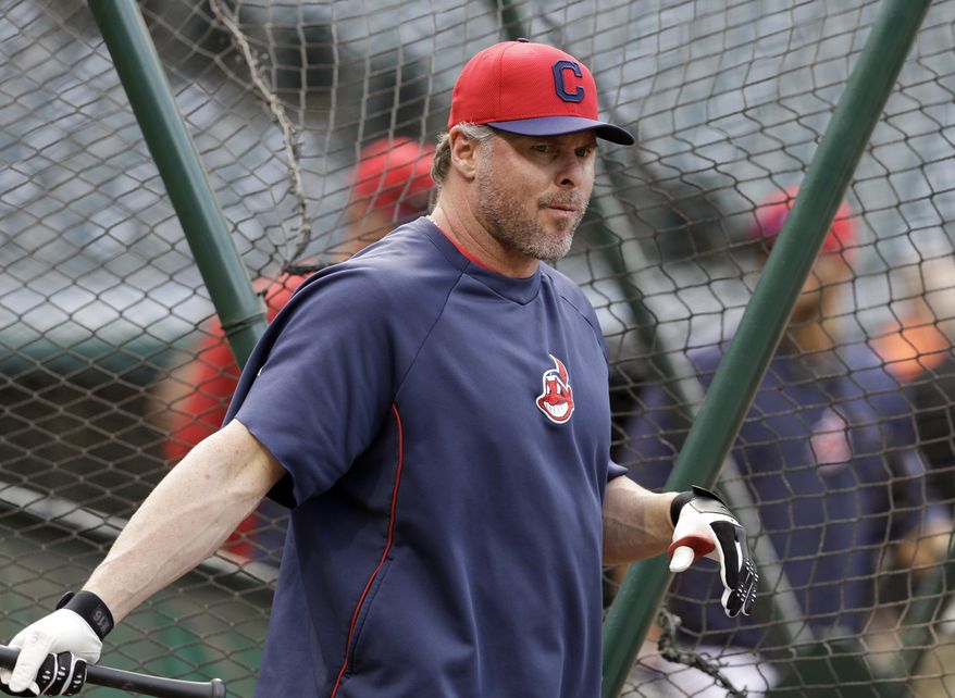 Cleveland Indians' Jason Giambi takes batting practice before a baseball game against the Kansas City Royals Monday, April 21, 2014, in Cleveland. Giambi was activated from the disabled list earlier in the day. (AP Photo/Mark Duncan)