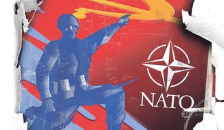 Illustration on the future of NATO by Linas Garsys/The Washington Times
