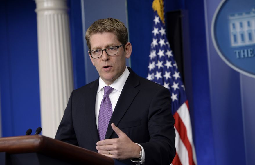 White House press secretary Jay Carney speaks during the daily briefing at the White House in Washington, Monday, April 21, 2014. Carney was asked about the tensions between Ukraine and Russia and the recent attacks in Yemen. (AP Photo/Susan Walsh)