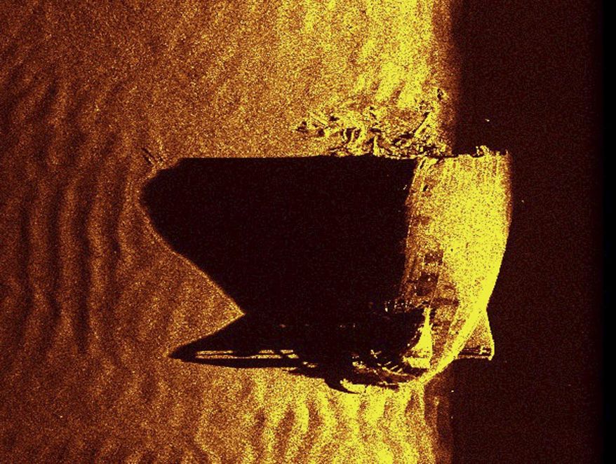 This 2014 sonar image released by Hydroid, Inc., of Bourne, Mass., shows wreckage of the stern of an American ship that sank to the ocean floor off the coast of England during World War II, according to the company that surveyed the wreckage to mark the disaster's 70th anniversary. The torpedo attack by German forces on U.S. landing ships, rehearsing during Exercise Tiger for the D-Day invasion of France's Normandy coast, claimed the lives of 749 U.S. soldiers and sailors on April 28, 1944. (AP Photo/Hydroid, Inc.)