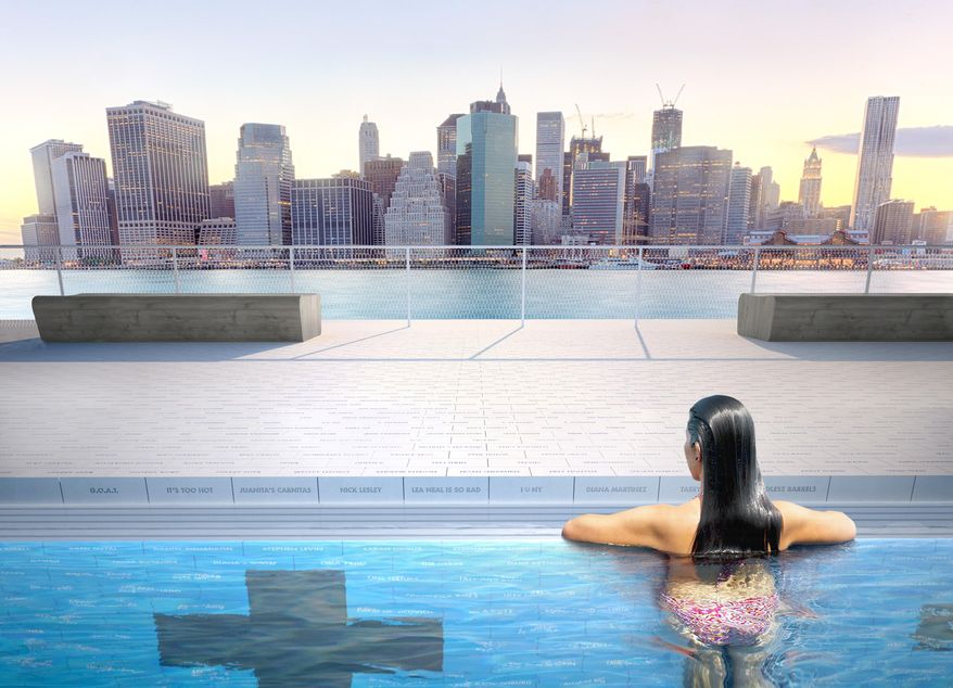 This artist's rendering provided by Plus Pool, Tuesday, April 22, 2014, shows a swimmer in the proposed floating pool which is to be positioned in New York's East River close to the Brooklyn shore. The pool, which is scheduled to open in 2016, would be the first of its kind because it's made of filtration material designed to make dirty river safe for swimming. The lower Manhattan skyline is in the background. (AP Photo/Plus Pool)