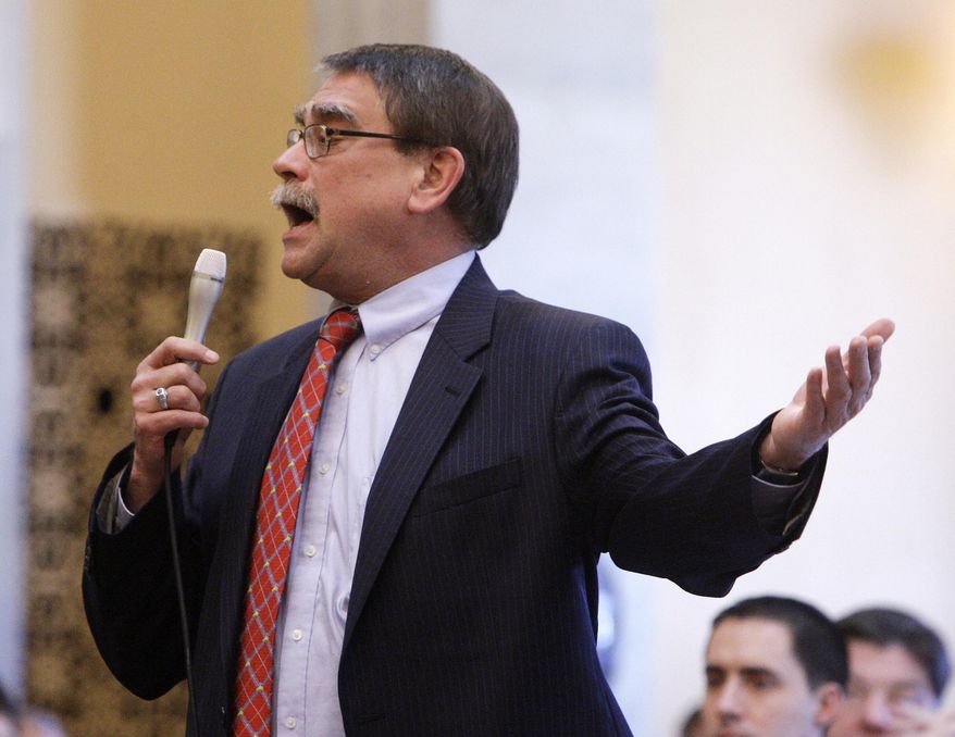 FILE - In this March 2, 2011, file photo, Ohio Sen. Bill Seitz speaks during a floor debate in Columbus, Ohio. Opponents of a bill turning back Ohio's alternative energy targets are alleging Seitz, the Senate utilities chairman, has disrespected and offended witnesses during hearings on the measure. (AP Photo/Jay LaPrete, File)