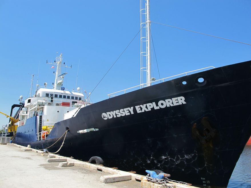 The Odyssey Explorer sits at a dock in North Charleston, S.C., on Tuesday, April 22, 2014. The vessel leaves this week on an expedition to recover the remaining gold from the wreck of the S.S. Central America off the North Carolina coast. It's not clear just how much gold might still be in the wreck of the ship which sank during an 1857 hurricane. An expedition a quarter-century ago recovered gold bars and coins worth about $50 million at that time. (AP Photo/Bruce Smith)
