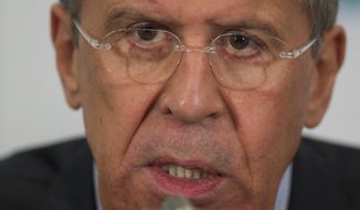 Russian Foreign Minister Sergey Lavrov speaks during a news conference after the meeting of foreign ministers from Caspian countries, in Moscow, Russia, on Tuesday, April 22, 2014. (AP Photo/Ivan Sekretarev)