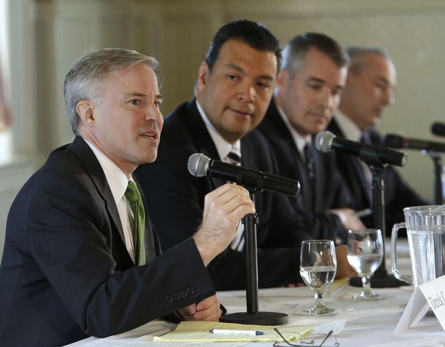 Democrat Derek Cressman, left, a candidate for Secretary of State, makes his opening statement during a candidates debate held by the Sacramento Press Club in Sacramento, Calif., Wednesday, April 23, 2014. Cressman debated a fellow Democrat, state Sen. Alex Padilla of Los Angeles, second from left, Republican Pete Peterson, third from left, and Dan Schnur, a USC professor running as an independent, far right.(AP Photo/Rich Pedroncelli)