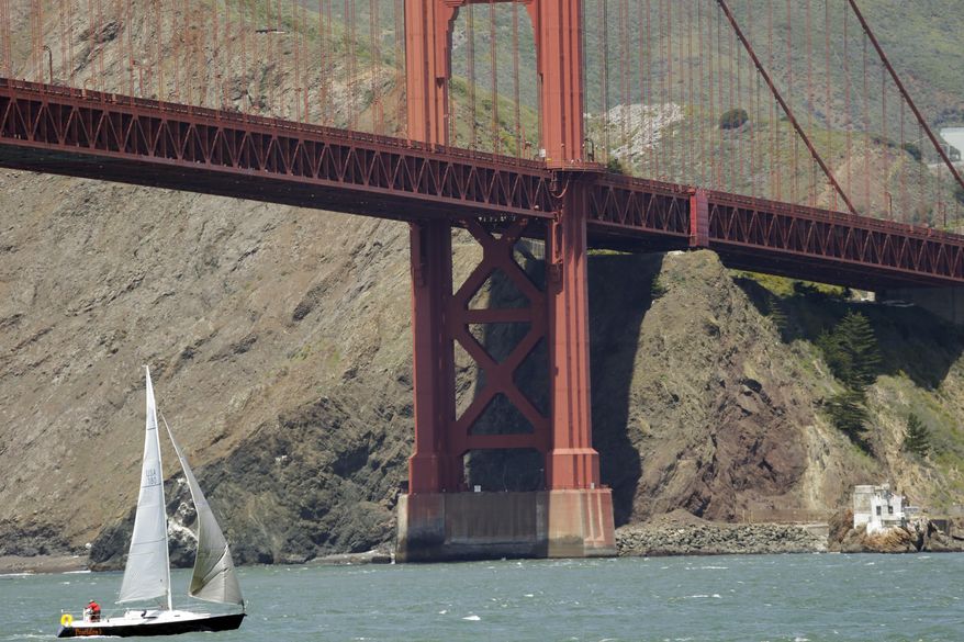 A sail boat makes its way under the Golden Gate Bridge on Wednesday, April 23, 2014, in San Francisco. A National Oceanic and Atmospheric Administration team has found the shipwreck of the City of Chester vessel in the area. The ship sunk in the San Francisco Bay in 1888 after a collision with a larger ship. The first images of the newly discovered wreckage were were released Wednesday by federal ocean scientists. (AP Photo/Marcio Jose Sanchez)