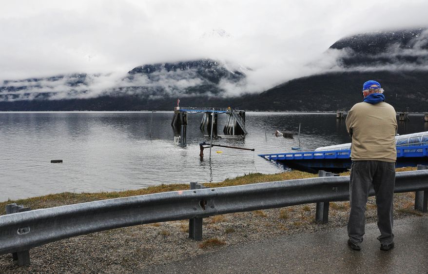 Skagway resident Wayne Selmer looks at The Alaska Department of Transportation and Public Facilities (DOT&PF) Alaska Marine Highway System floating dock submerged underwater in Skagway, Alaska, on Thursday, April 24, 2014. The floating dock used by the state ferry system in Skagway sank overnight. The Alaska Marine Highway Service says in a Thursday release that the Skagway Ferry Terminal will be closed until further notice since the dock used by state ferries is inoperable. (AP Photo/Katherine Emmets)