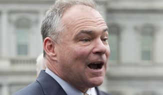 Sen. Tim Kaine, Virginia Democrat, speaks to members of the media outside the West Wing of the White House on April 3, 2014. (Associated Press) **FILE**