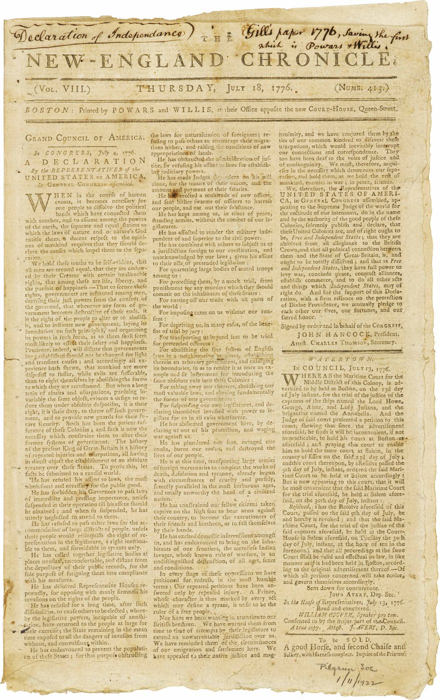 This undated photo provided by Bonhams shows The New-England Chronicle's page-one publishing of the Declaration of Independence two weeks after it was signed, from the archive of Eric Caren, who has amassed what is considered one of the largest private collections of historical papers in the United States. The Boston newspaper, which could fetch as much as $80,000, is one of 300 items from the Westchester-based Caren Archive being auctioned in April at the Manhattan location of Bonhams. The items for sale range from Revolutionary War documents describing the battles of Lexington and Concord to a mug shot of Western outlaw Butch Cassidy. (AP Photo/Bonhams)